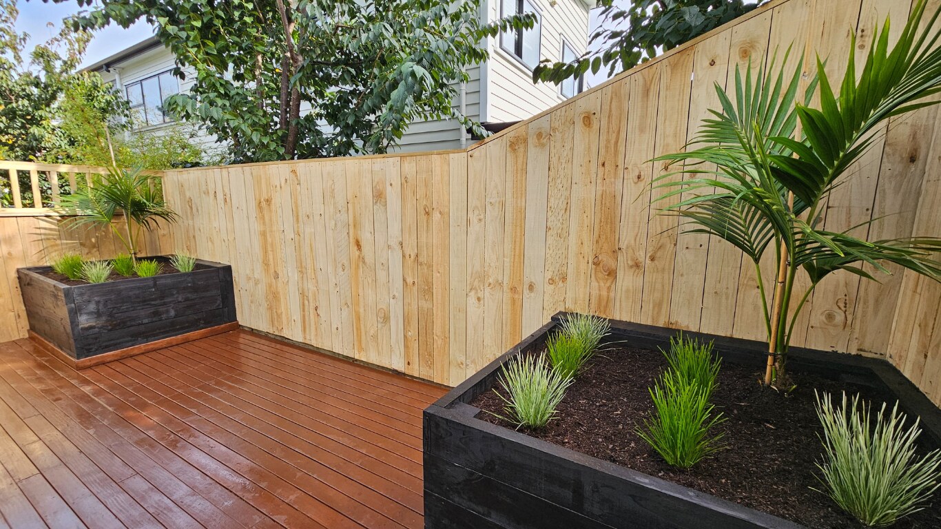 Finished timber deck with raised black planters, palm planting and new timber fencing