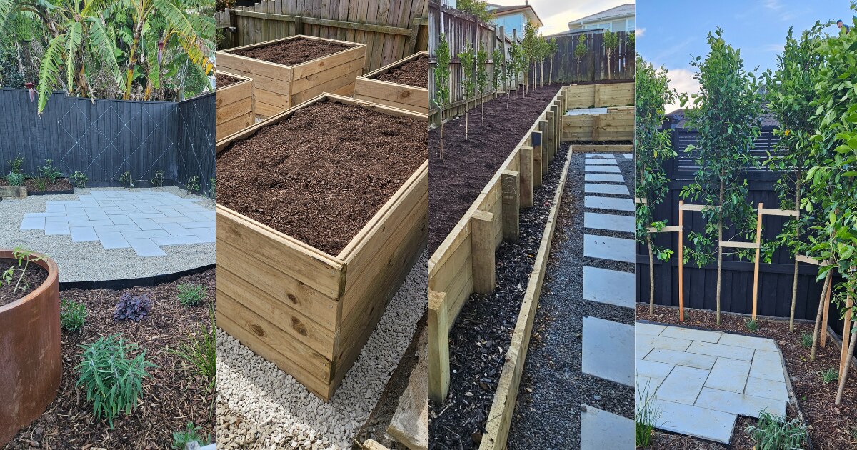 Four landscape project views showing paving, raised beds, a gravel path and newly planted trees