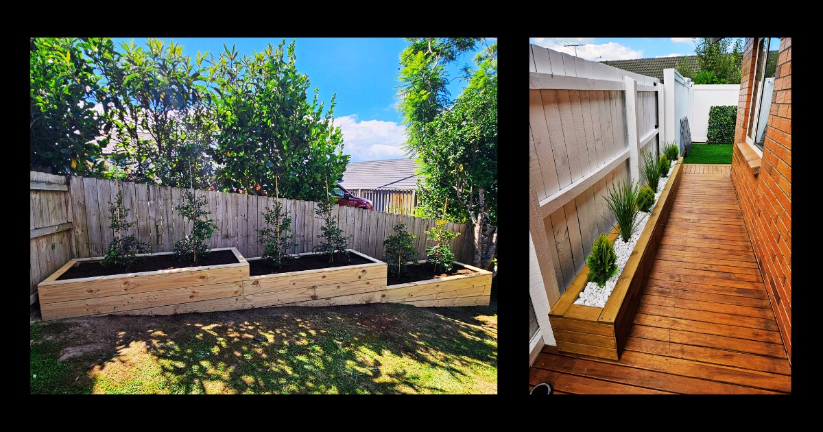 Two project views showing raised timber garden beds and a narrow deck beside a planted fence